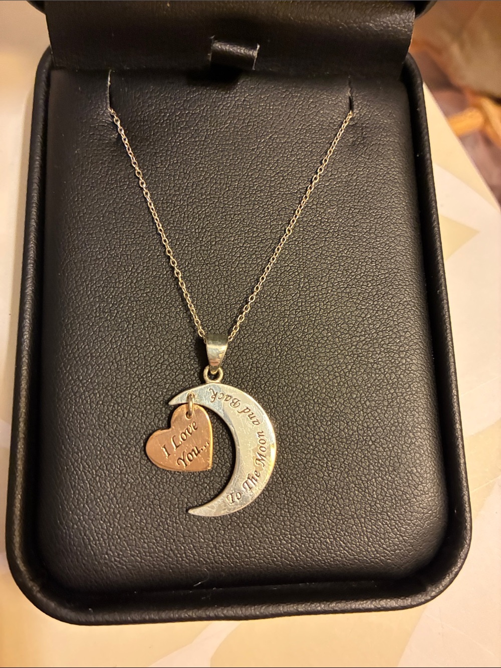 Moon and Heart Two-Tone Sterling Silver and Rose Gold Pendant On 18 Inch Chain